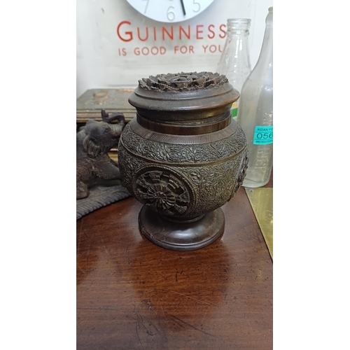 567 - Carved Hardwood Elephant Table Centrepiece, Tobacco Jar and a Trinket Box