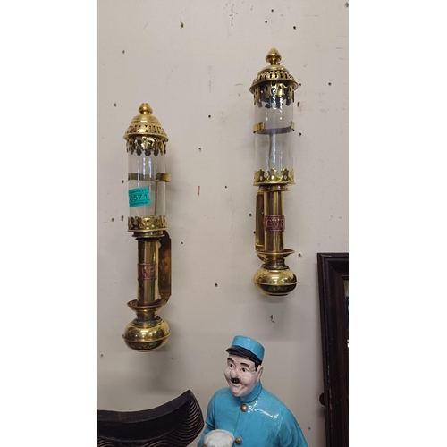 571 - Pair of Brass and Glass Railway Carriage Lamps (slight crack on one)