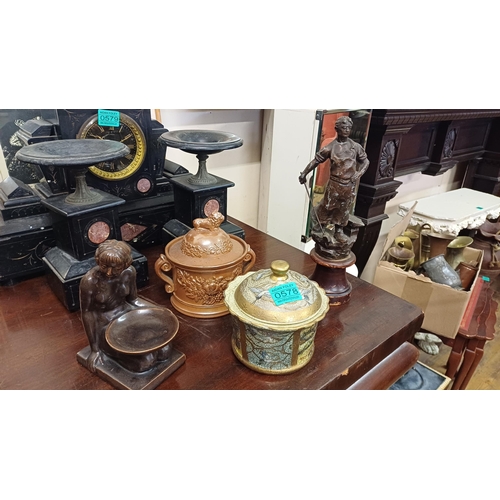 578 - Two Tobacco Jars, Richard Tiles Figure and a Spelter Blacksmith