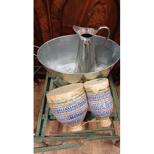 658 - Pair of Pottery and Leather Hand Drums and a Metal Ice Bucket and Jug