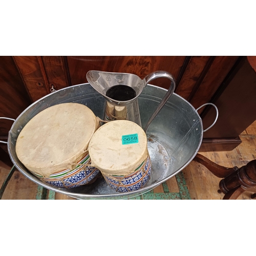 658 - Pair of Pottery and Leather Hand Drums and a Metal Ice Bucket and Jug