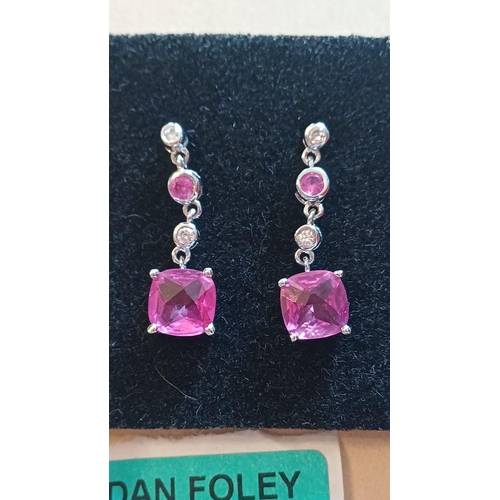 478 - Emeral Cut Pink Stone Silver Drop Earrings