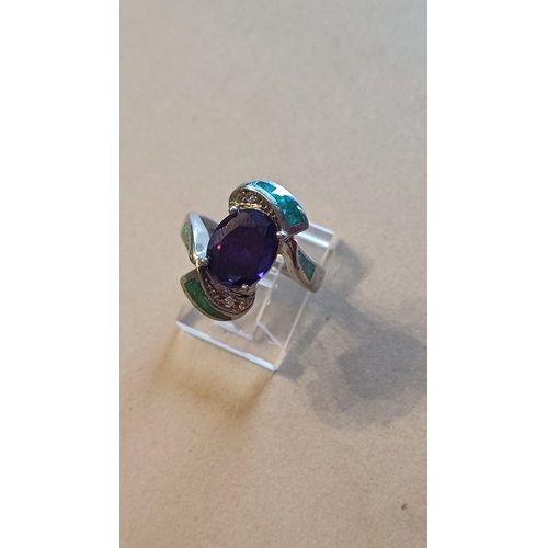 484 - Sterling Silver Amethyst & Emerald Ring (Size L)