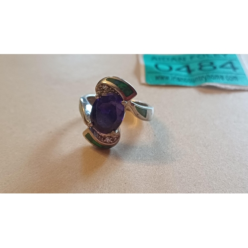 484 - Sterling Silver Amethyst & Emerald Ring (Size L)