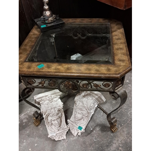 85 - Good Leather and Glass Top Lamp Table on an Ornate Wrought Iron Base