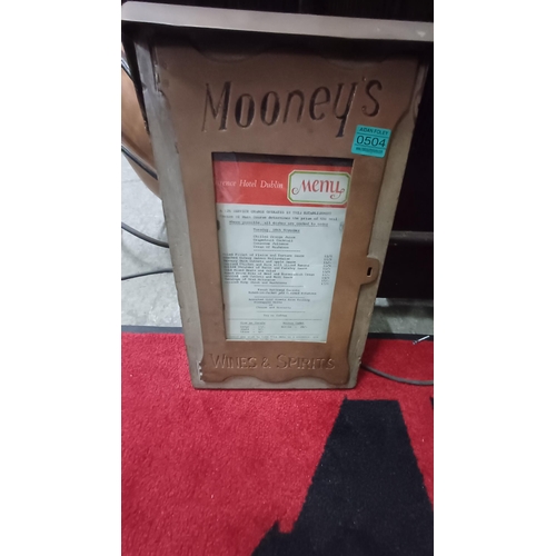 504 - Wall mounted Brass Menu Display Holder - Mooneys Bar and Baggot Street Dublin, menu from the Clarenc... 