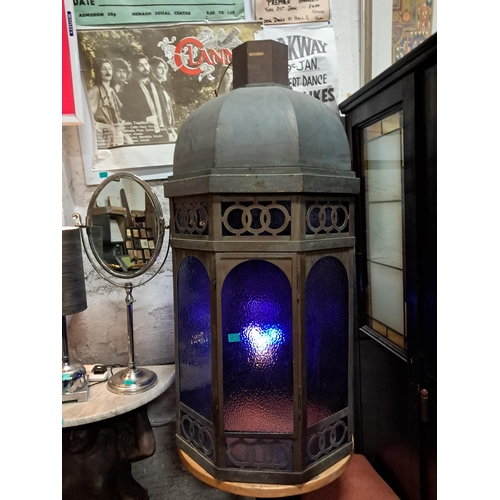 672 - Large Copper Persian Style Light with Blue Glass Panels (150cm Tall)