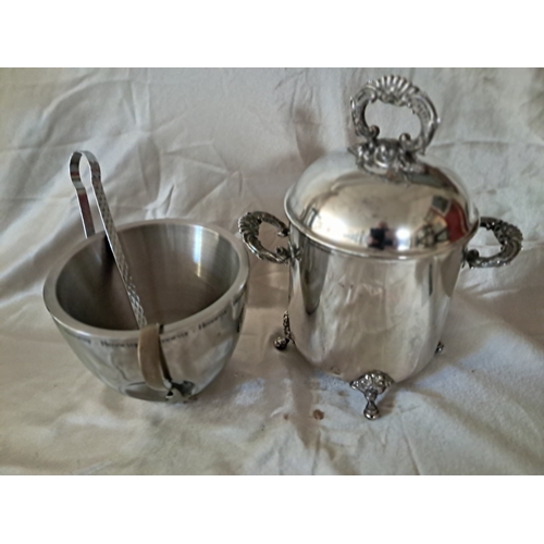 109 - Spanish Silver Plate Ice Bucket, Hennessy Brandy Ice Bucket and 2 Ice Tongs