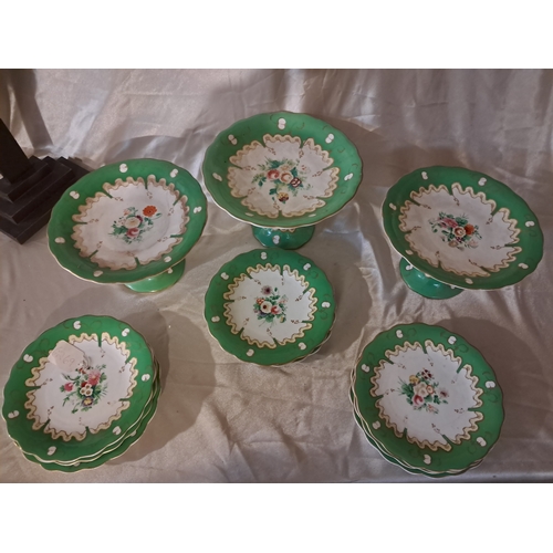 154 - Late 19th Century French Botanical Dessert Service - 3 Tazzas and 8 Plates