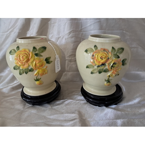 18 - Pair of Charlotte Read Hand Painted Vases on Hardwood Stands (24cm Tall)