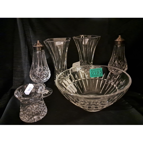 193 - Waterford Glass Bowl, Pair of Vases, Salt & Pepper and a small Jar (all Waterford)