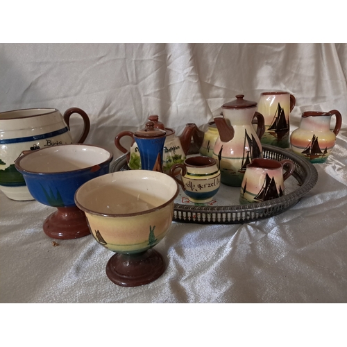 205 - Good collection of Torquay Ware Pottery Jugs, Tea Pots, Bowls etc on Tray (11)