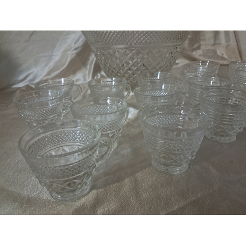 208 - Large Glass Punch Bowl and 17 Cups