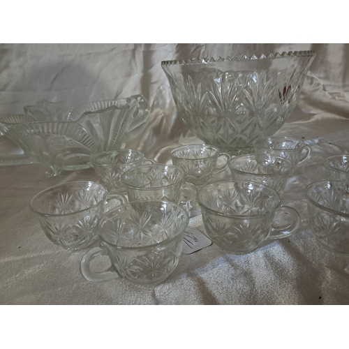 224 - Vintage Glass Punch Bowl and 10 Punch Cups together with a Glass Fruit Bowl