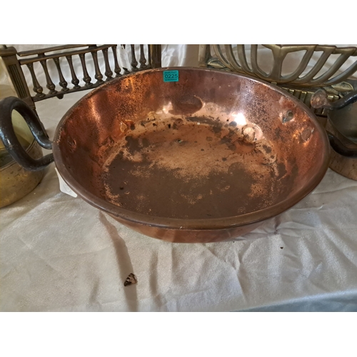 225 - 19th Century Copper Preserving Pan, 2 Brass Fire Fronts and Two Brass Cooking Pots with Iron Handles