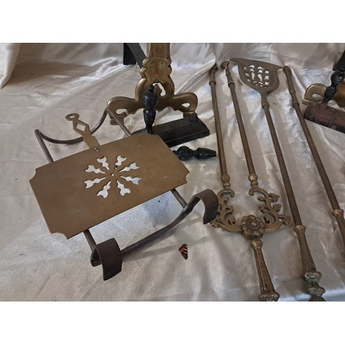 226 - Pair of Brass and Iron Fire Dogs, Set of Fire Irons, Pair of Andirons and 2 Antique Brass Trivets