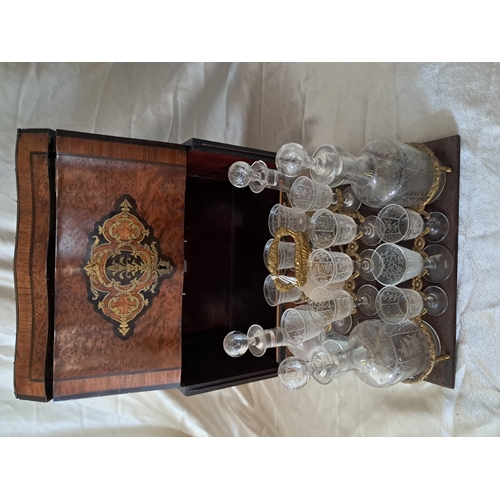 38 - 19th Century French Brass Inlaid Amboyna and Rosewood Decanter Box with Fittings