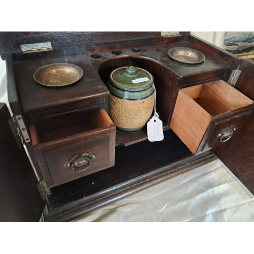 90 - Edwardian Oak Pipe Smokers Cabinet with Royal Doulton Tobacco Jar (42cm x 27cm x 23cm)