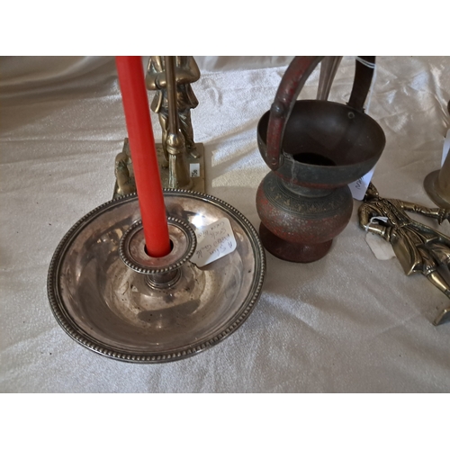 245 - Mixed lot of Brass, Copper and Plate to include a good Chamber Candlestick, Mortar and Pestle etc