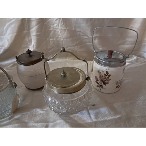 251 - Lot of 6 Glass and Pottery Biscuit Barrells