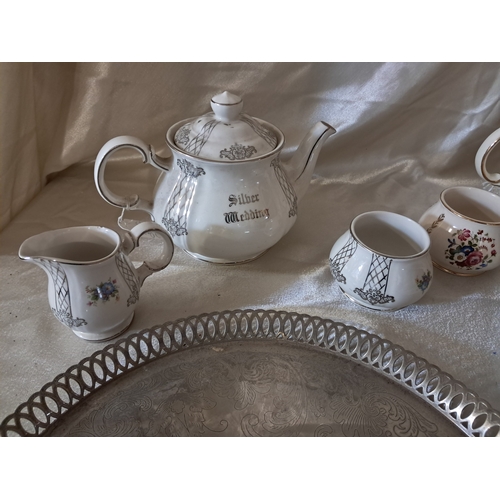 252 - Three Sadlier 3 Piece Pottery Tea Sets including Silver Wedding together with 3 Serving Trays