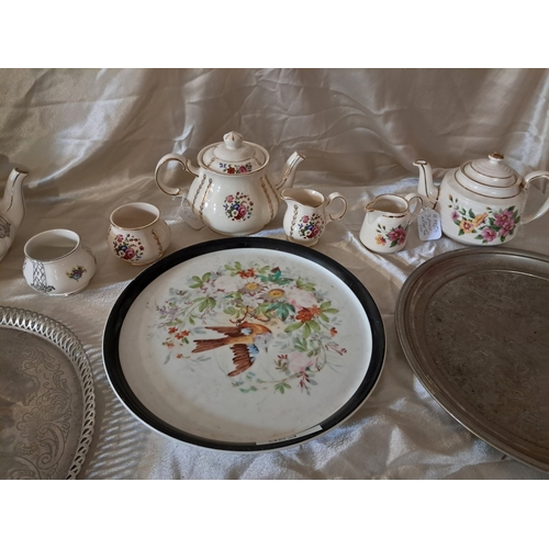 252 - Three Sadlier 3 Piece Pottery Tea Sets including Silver Wedding together with 3 Serving Trays