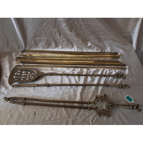 425 - Set of 10 Victorian Brass Stair Rods (82cm) and a Set of 3 Brass Fire Irons