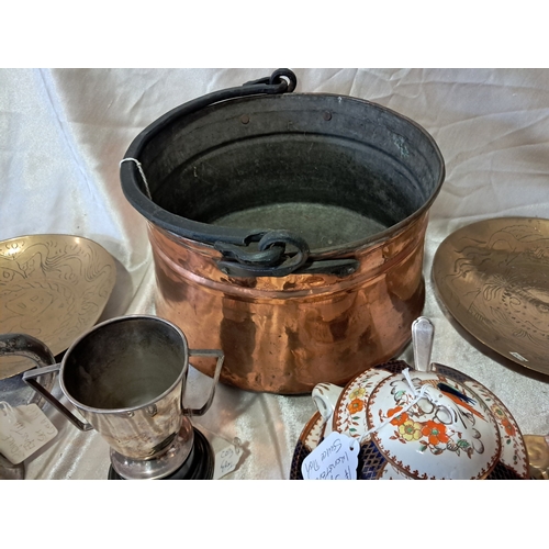 473 - Antique Copper Pan with Iron Handle, 2 Indian Brass Plates, Silver Plated Coaster etc