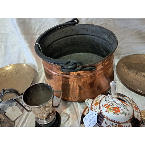 473 - Antique Copper Pan with Iron Handle, 2 Indian Brass Plates, Silver Plated Coaster etc