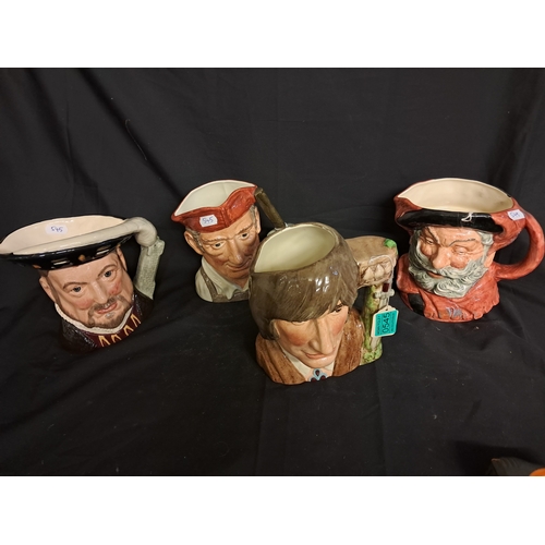 545 - Lot of 4 Royal Doulton Toby or Character Jugs: Henry VIII, Blacksmith, Romeo and Falstaff (Tallest 2... 