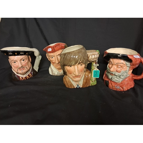 545 - Lot of 4 Royal Doulton Toby or Character Jugs: Henry VIII, Blacksmith, Romeo and Falstaff (Tallest 2... 