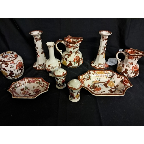 553 - Nice lot of Masons Brown Velvet Pattern Ironstone including a Pair of Candlesticks (Tallest 17cm)