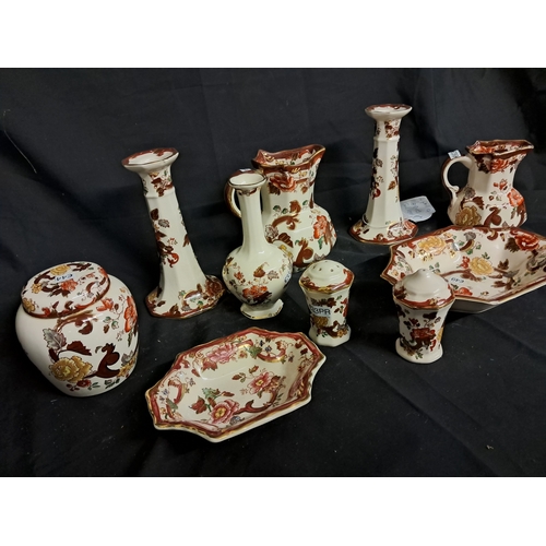 553 - Nice lot of Masons Brown Velvet Pattern Ironstone including a Pair of Candlesticks (Tallest 17cm)