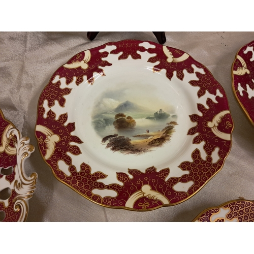 701 - Late 19th Century Porcelain 15 Piece Dessert Service with Red and Gilt Borders enclosing Scenes of I... 