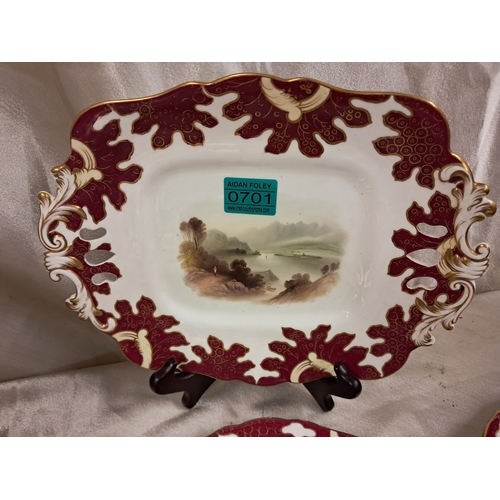 701 - Late 19th Century Porcelain 15 Piece Dessert Service with Red and Gilt Borders enclosing Scenes of I... 