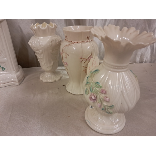 703 - Good lot of Irish Beleek China Vases and a Clock (Tallest 25cm)