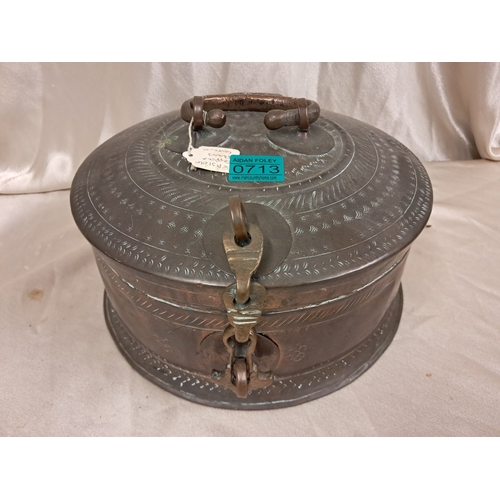 713 - Early 20th Century Eastern Copper Food Storage Box with Lift up Lid (18cm Diameter)