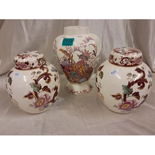 725 - Pair of Masons Ironstone Mandalay Red Ginger Jars and a Masons Fruit Basket Vase (23cm Tall)