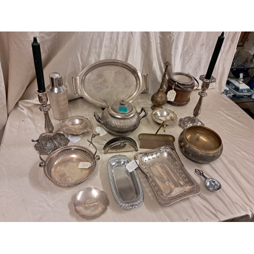 748 - Mixed lot of Silver Plated items including a Pair of Candlesticks, Sauce Toureen etc