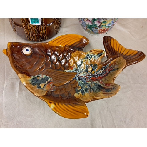 813 - Arthur Wood & Co. Pottery Jardiniere, Oriental Jardiniere and a Pottery Fish Platter