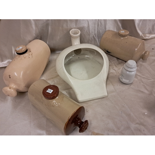 820 - Ceramic Bed Pan, 3 Ceramic Hot Water Bottles and an Insulator