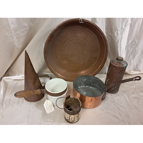 821 - Copper Saucepan, Beer Mull, Tray, Hot Water Bottle and 2 old Glue Pots