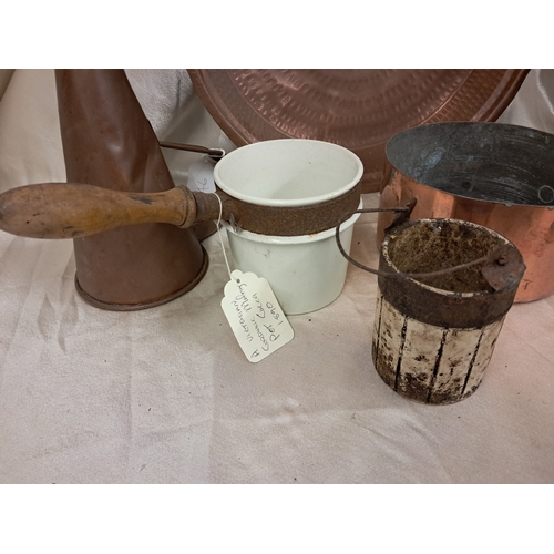 821 - Copper Saucepan, Beer Mull, Tray, Hot Water Bottle and 2 old Glue Pots