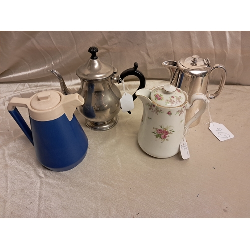 855 - Hotelware Coffee Pot, Silver Plated Pot and 2 Vintage Pottery Coffee Pots