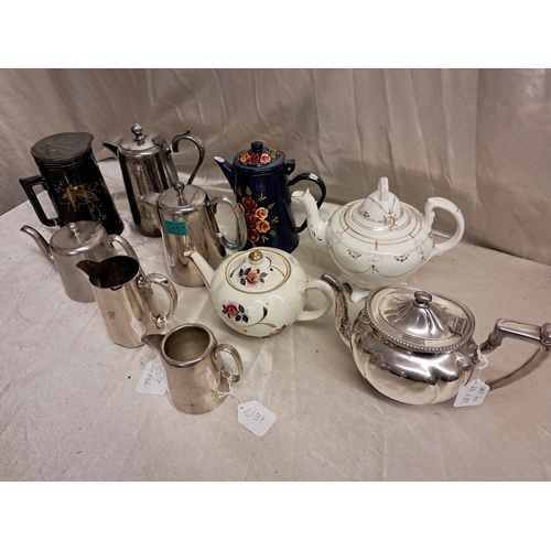 857 - Lot of Vintage Hotel Plate Tea Pots, Pottery Tea Pots and a Vintage Great Southern Hotel Milk Jug