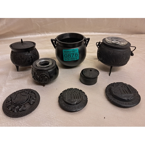 878 - Collection of 19th Century Irish Bog Oak including Skillet Pot, Inkwells, Pill Box and 3 Carved Lids