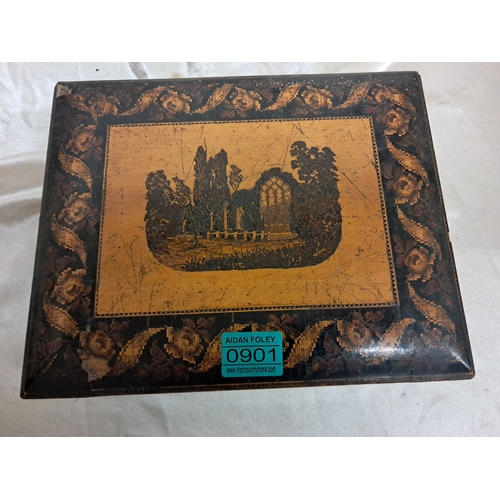 901 - 19th Century Turnbridge Ware Trinket Box with Muckross Abbey Inlaid Panel (27cm x 22cm x 11cm)