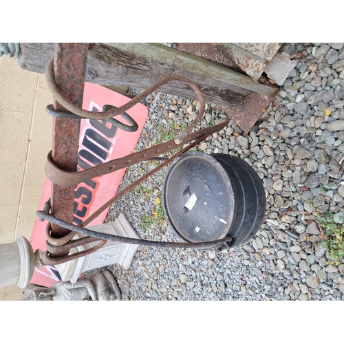 1056 - Victorian Cast Iron Fire Crane with various Hangers and a large Skillet Pot