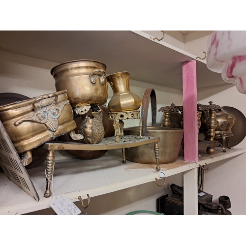 1235 - Good Shelf of Antique Copper and Brassware including Trivets, Hot Water Bottle, Kettle, Plant Pots e... 