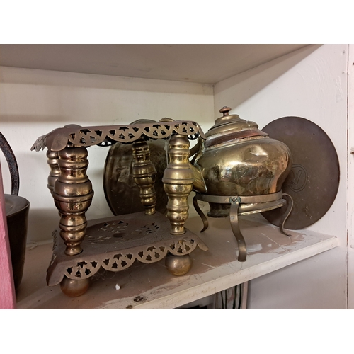 1235 - Good Shelf of Antique Copper and Brassware including Trivets, Hot Water Bottle, Kettle, Plant Pots e... 